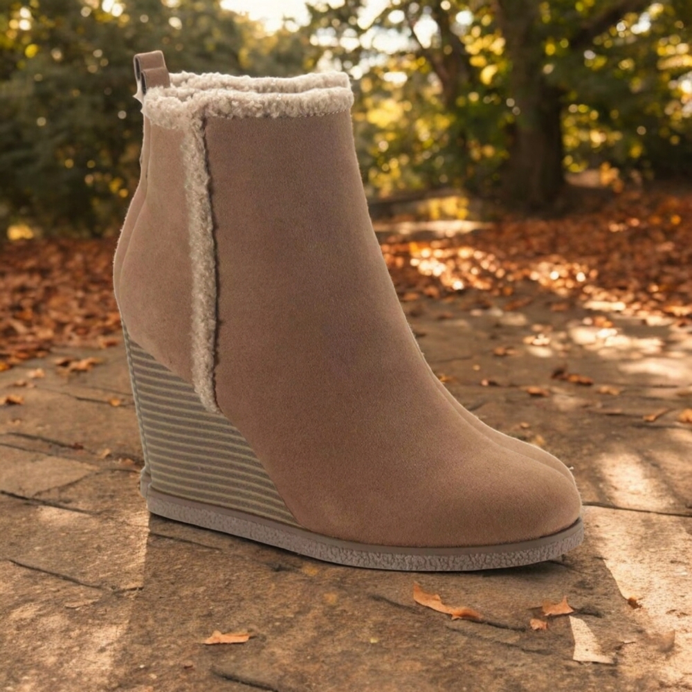 New Sun + Stone Camillia Tan Beige Suede Wedge Ankle Boots